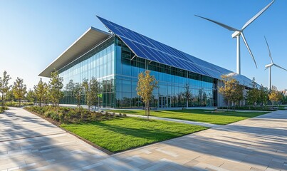 Obraz premium Contemporary, eco-friendly university campus featuring advanced solar panels and wind turbines, showcasing the commitment to sustainable energy and reducing the campuss carbon, Generative AI