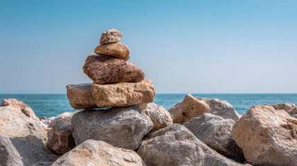 A carefully balanced arrangement of smooth stones sits atop one another on a rocky beach. The calm ocean stretches in the background under a clear sky, creating a peaceful atmosphere.