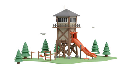 A whimsical illustration of a nature-inspired playground, featuring a tall wooden lookout tower with an orange slide, surrounded by lush green trees.