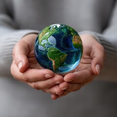 A person gently cradles a miniature earth globe in their hands, symbolizing environmental stewardship and global responsibility
