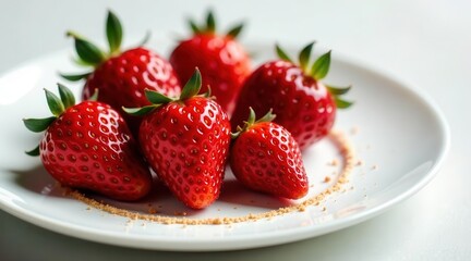 A plate of fresh, ripe strawberries garnished with a delicate sprinkle of sweet seasoning.