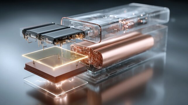 Electric vehicle battery technology breakdown illustration with component layers, visualizing EV power cell structure
