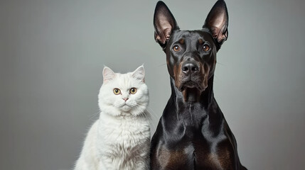 Fototapeta premium Studio portrait of a powerful black Doberman sitting upright next to a white furry cat. Both are facing the camera with serious, elegant expressions. 
