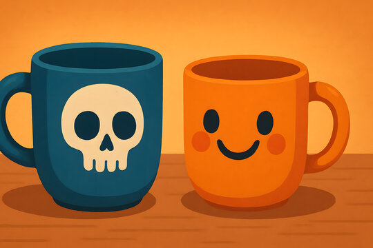 Cute coffee mugs with skull and smiling face illustration, contrast of dark and happy emotions concept. Fun cartoon cups on wooden table, playful design, humor art, cozy beverage theme, creative chara