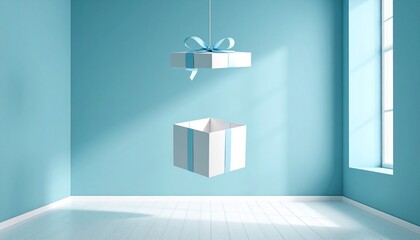 Fototapeta premium Gift Box Mockup with Ribbon in Light Blue Room