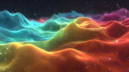 Colorful, undulating landscape of abstract particles.