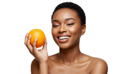 Joyful young woman with glowing skin holds a fresh orange, promoting natural beauty and a healthy lifestyle.