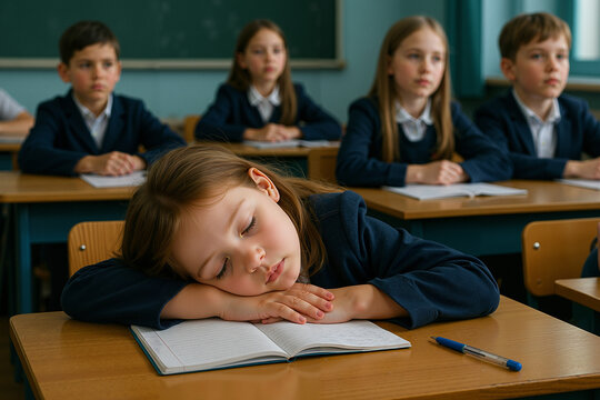 A schoolgirl sleeps at her desk during class - Powered by Adobe