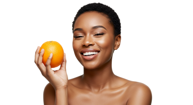 Joyful young woman with glowing skin holds a fresh orange, promoting natural beauty and a healthy lifestyle.