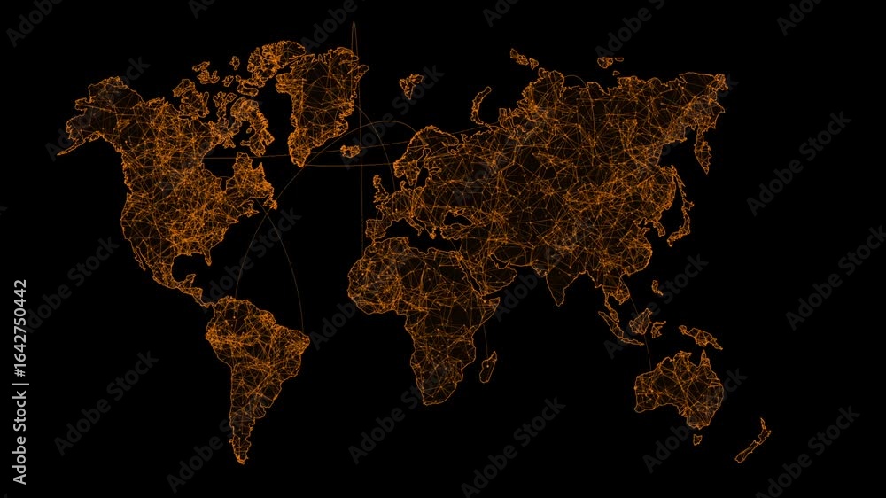 Poster abstract brown and orange glowing world map on black background. digital particles form a global net