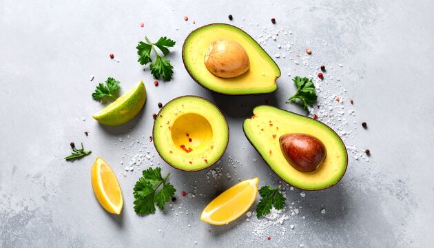 Avocados with Lemon, Salt, and Chili on Grey Background