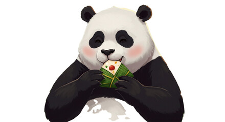 A delightful cartoon panda with rosy cheeks joyfully savors a traditional sticky rice dumpling wrapped in green leaves.