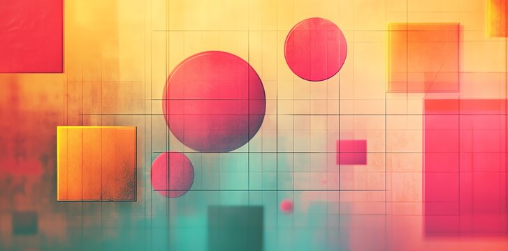 Abstract Geometric Pattern with Red, Orange, and Blue Squares and Circles on Bright Grid Background