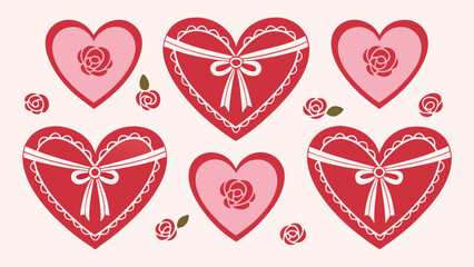 Red pink hearts with roses and bows vector