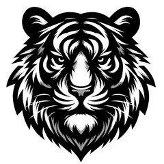 Bold black and white tiger head logo illustration with intense eyes and sharp fur details symbolizing courage and dominance