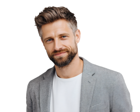 Portrait of a young bearded man in a casual gray blazer, exuding confidence with a friendly smile.