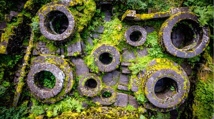 Circular stone structures covered in moss and greenery.
