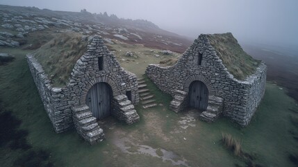 Two ancient stone structures on a misty hillside.
