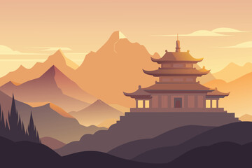 An illustration of a pagoda nestled among majestic mountains under a clear blue sky. © Rizky