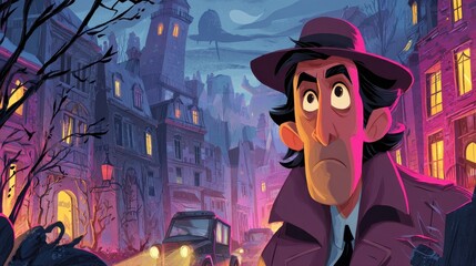 A night-time scene of a city street with a detective figure.