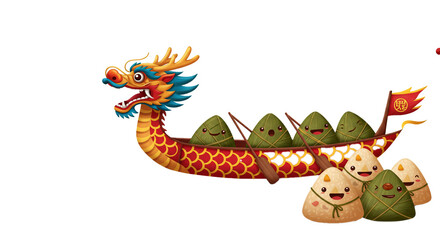 Cheerful zongzi characters paddle a colorful dragon boat, celebrating a traditional cultural festival with delicious rice dumplings.