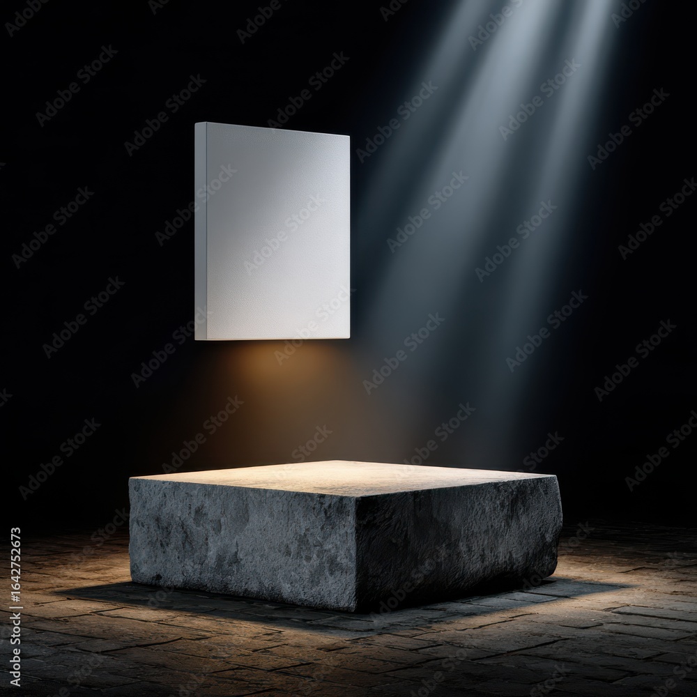 Poster a stone podium under a spotlight with a floating white cube, creating a minimalist and abstract pres