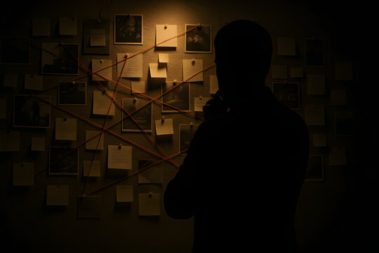 Silhouette of man analyzing crime investigation board, detective connecting clues with red string on evidence wall, mystery case solving concept, dark dramatic lighting for criminal investigation scen