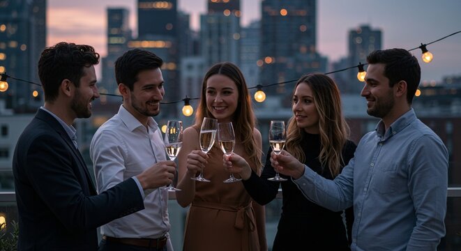 Celebraci&oacute;n corporativa en terraza, brindis al atardecer en azotea urbana con vista ciudad