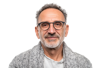 A middle-aged man with curly hair and eyeglasses is wearing a casual gray sweater, showing a friendly smile in a close-up portrait.