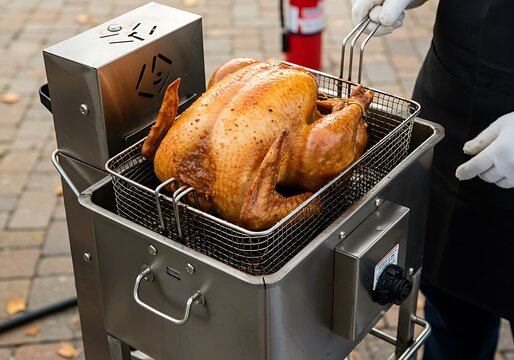 Crispy turkey being deep fried outdoors