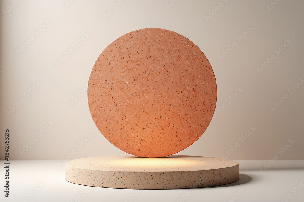Poster illuminated orange circular object on a light beige pedestal, representing wellness and modern desig