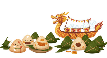 A vibrant illustration captures the festive spirit of the Dragon Boat Festival with a traditional boat and adorable rice dumplings.