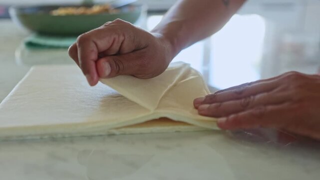 Chef folding dough to prepare spring rolls