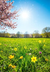 Fototapeta premium Vibrant Spring Meadow with Colorful Flowers and Blooming Cherry Blossom Trees Under Bright Sunlight