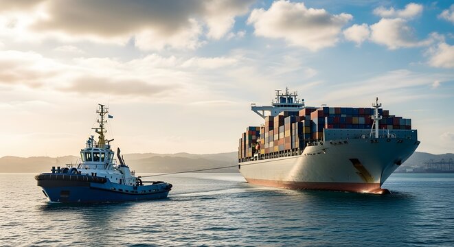 A tugboat assists a large container ship navigating through calm waters under a partly cloudy sky near land.