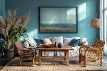 Rattan sofa and chairs positioned near a wooden dining table against a blue wall with framed artwork, featuring a Scandinavian interior design that embraces natural textures, Generative AI