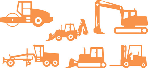 Heavy Equipment Vehicle Vector Set – Excavator, Bulldozer, Crane, Tractor, Construction, Industrial, Worksite, Machinery, Engineering, Orange, Icon, Design