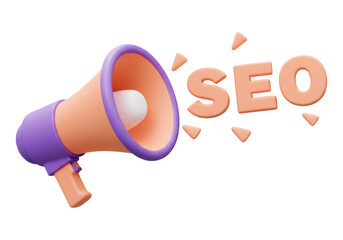 透明な背景にオレンジ色のSEOテキストと紫色のアクセントが付いた3Dレンダリング拡声器