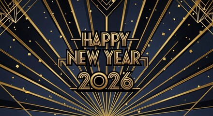 Happy New Year 2026 greeting card in a luxury Art Deco style with gold typography and black background.
