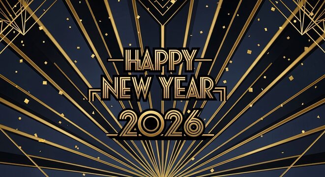 Happy New Year 2026 greeting card in a luxury Art Deco style with gold typography and black background.