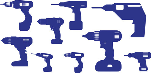 Electric Drill Vector Illustration Set – Power Tool, Equipment, Construction, Workshop, Carpentry, DIY, Repair, Building, Industrial, Cordless, Work, Blue, Icon, Design