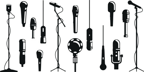 Microphone and Audio Equipment Vector Set – Music, Sound, Recording, Podcast, Studio, Performance, Mic, Broadcast, Entertainment, Singing, Instrument, DJ, Stage, Event, Vocal, Black, Icon, Design