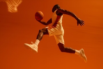 Obraz premium Dynamic basketball player soaring mid-air with ball, aiming for the hoop