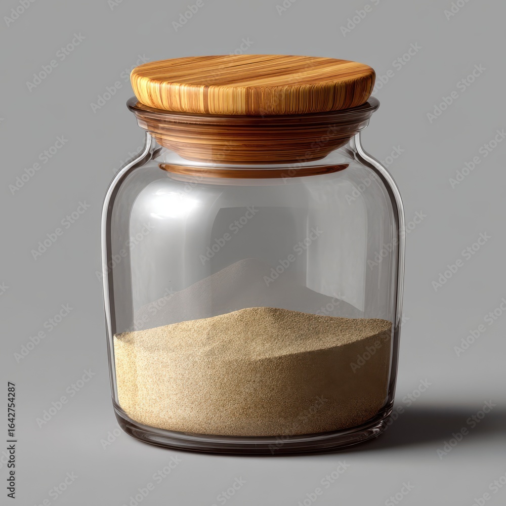 Poster a simple glass jar with a wooden lid contains a small amount of sand, presented in a clean studio se