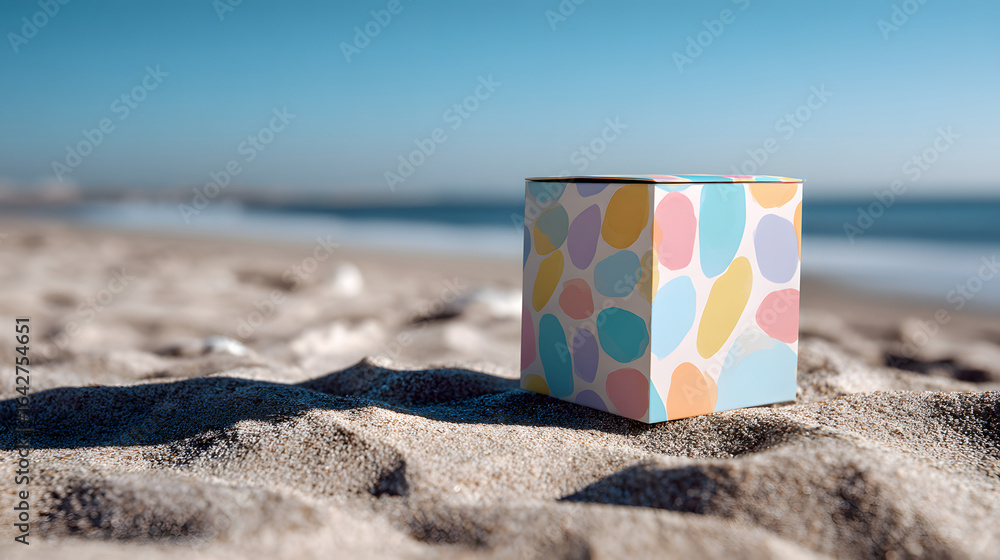 Poster folded box with pastel color pattern on beach background