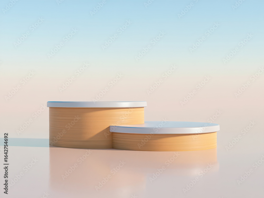 Poster two empty round wooden display podiums with white tops on a reflective surface against a soft blue a