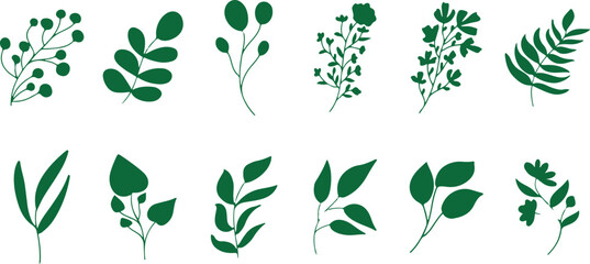 Leaf Stem and Plant Vector Design Set – Botanical, Minimal, Foliage, Organic, Nature, Greenery, Eco, Garden, Floral, Plant Icon