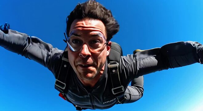 Man skydiving with open arms against clear blue sky  