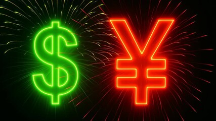 Neon dollar and yen currency symbols glowing with fireworks showing global market tension and finance money symbol contrast - Powered by Adobe