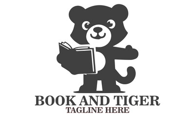 This adorable tiger mascot. Unique vector illustration of a cartoon tiger engrossed in reading a book and tiger logo design